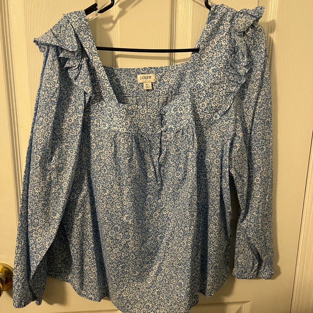 J. Crew Blue Floral Ruffle Blouse
